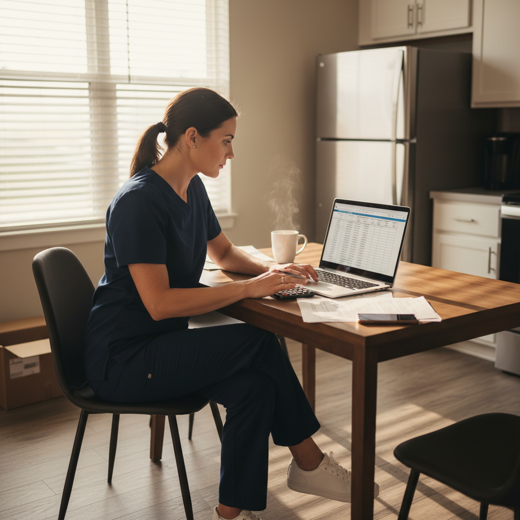 Travel nurse reviewing contract stipend details at apartment table with laptop and paperwork