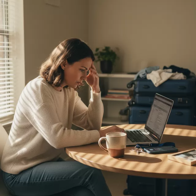 Travel nurse reviewing contract at apartment table with thoughtful expression