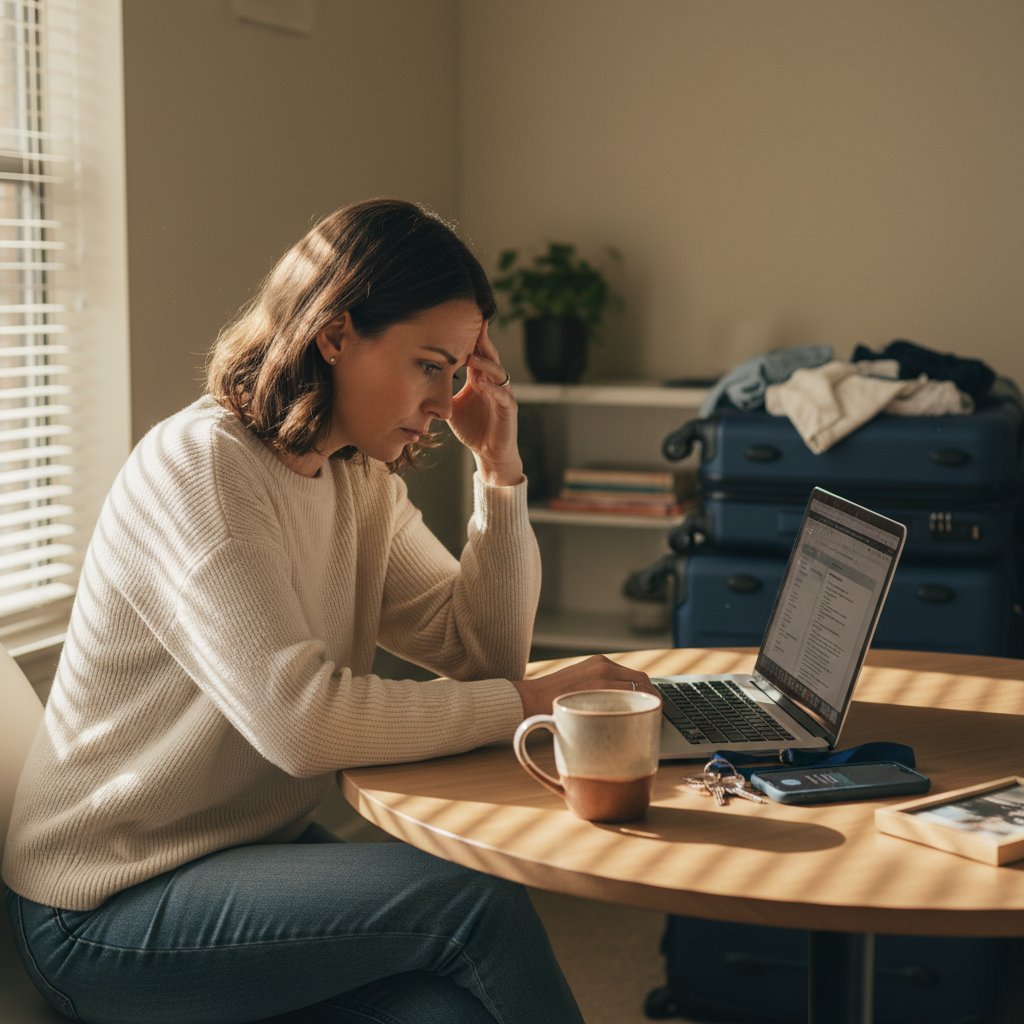 Travel nurse reviewing contract at apartment table with thoughtful expression