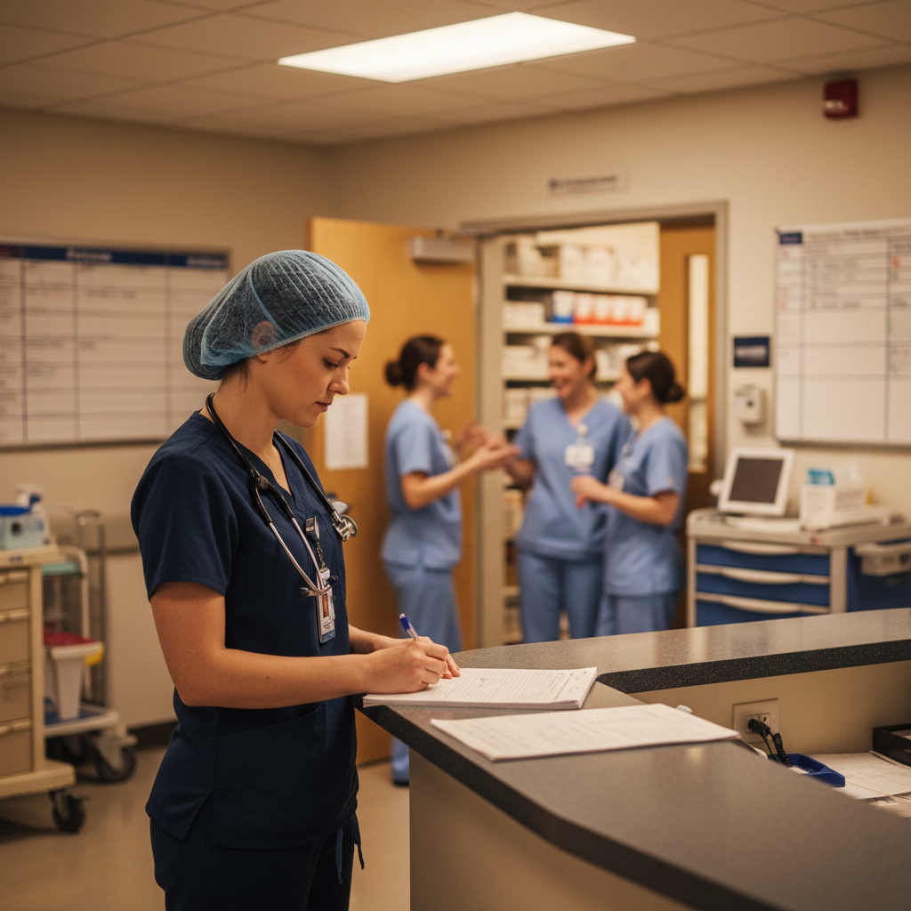 Travel nurse standing alone at nurses station while staff nurses chat in background