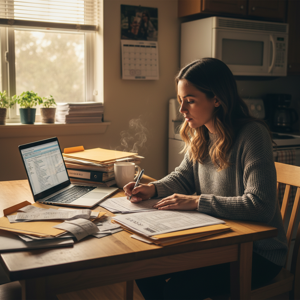 Travel nurse reviewing tax documents and receipts at home kitchen table with laptop and organized files