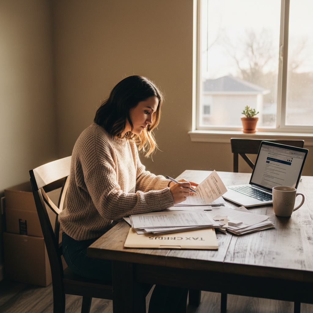 Travel nurse reviewing tax documents and IRS forms at kitchen table in furnished apartment