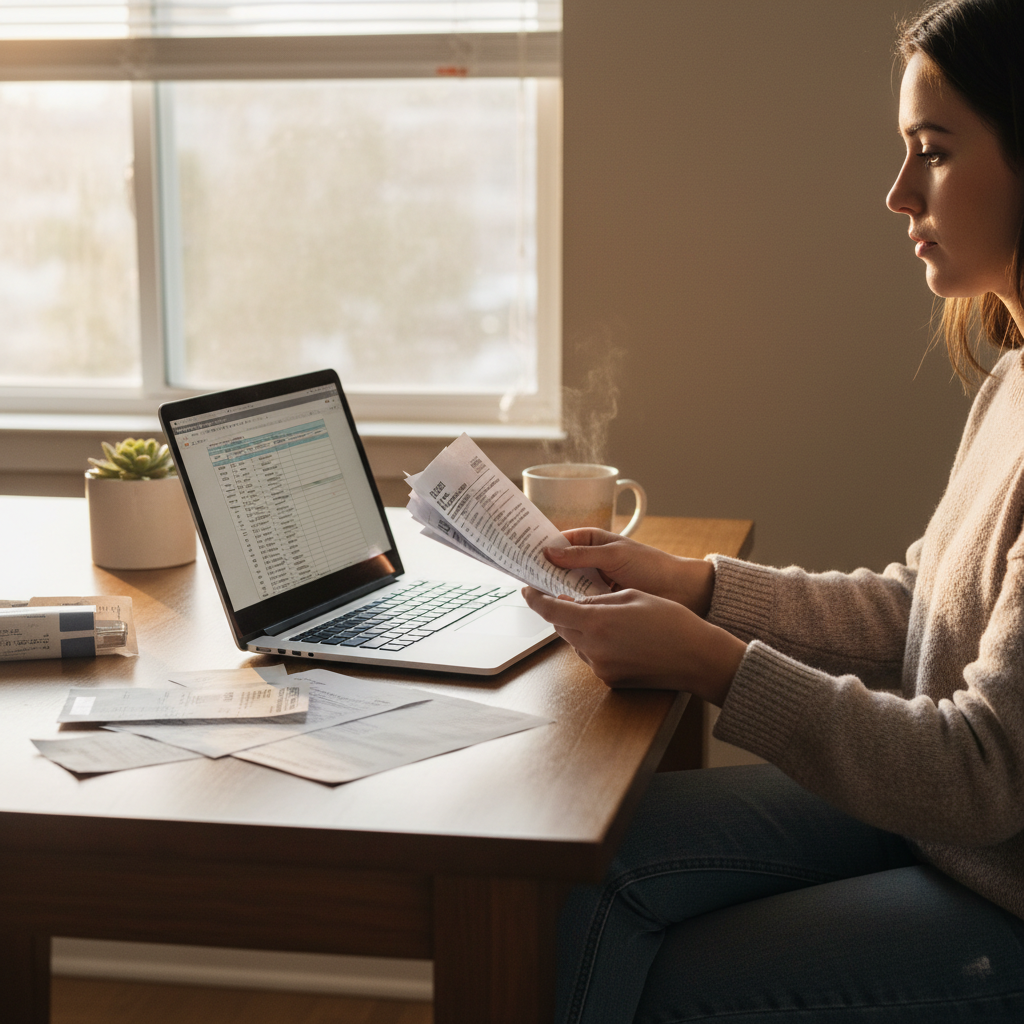 Travel nurse reviewing tax documents and receipts at home kitchen table with laptop