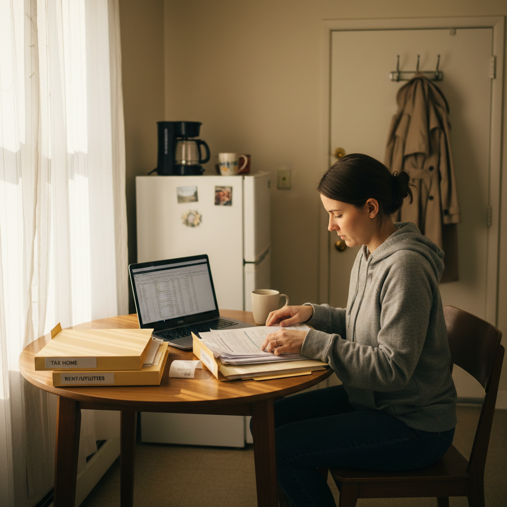 Travel nurse organizing tax home documentation and receipts at apartment table