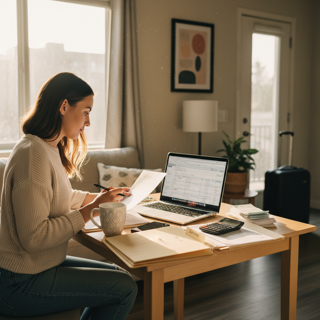 Travel nurse reviewing tax documents and laptop at kitchen table in rental apartment