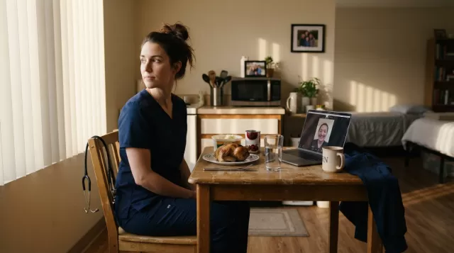 Travel nurse eating Thanksgiving dinner alone in furnished rental apartment