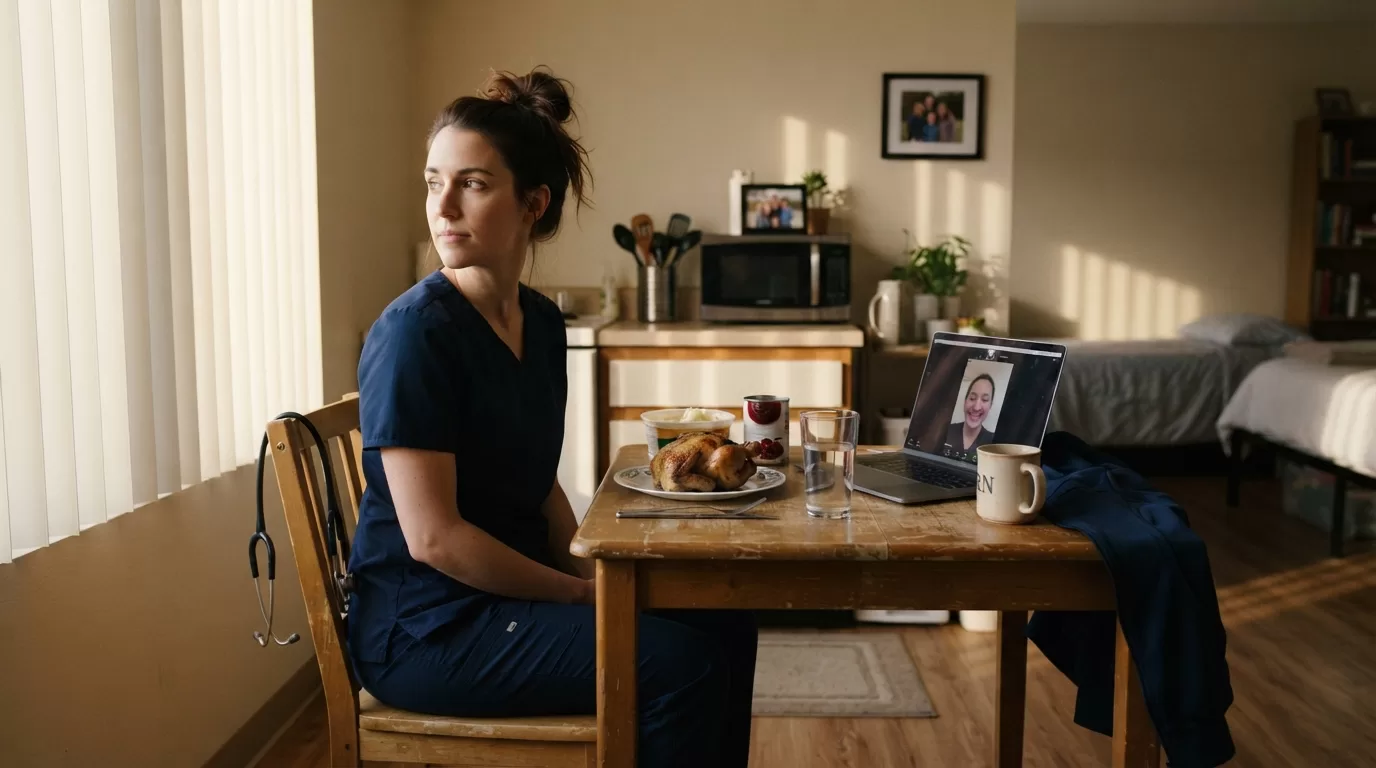 Travel nurse eating Thanksgiving dinner alone in furnished rental apartment
