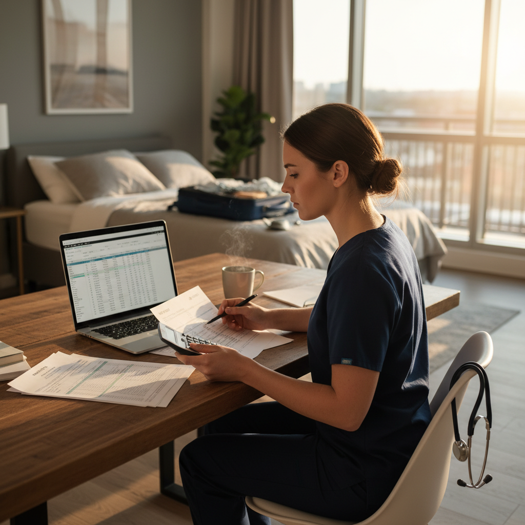 Travel nurse reviewing contract rates and documents at apartment desk with laptop