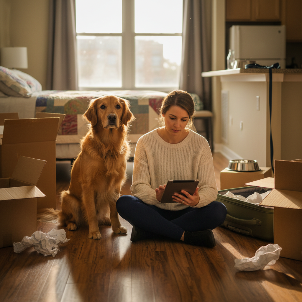 Travel nurse reviewing housing documents with dog in new apartment during relocation