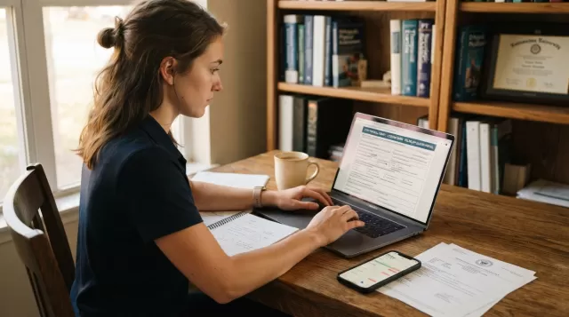Physical therapist preparing travel PT career documents at home office desk with laptop and licensing materials