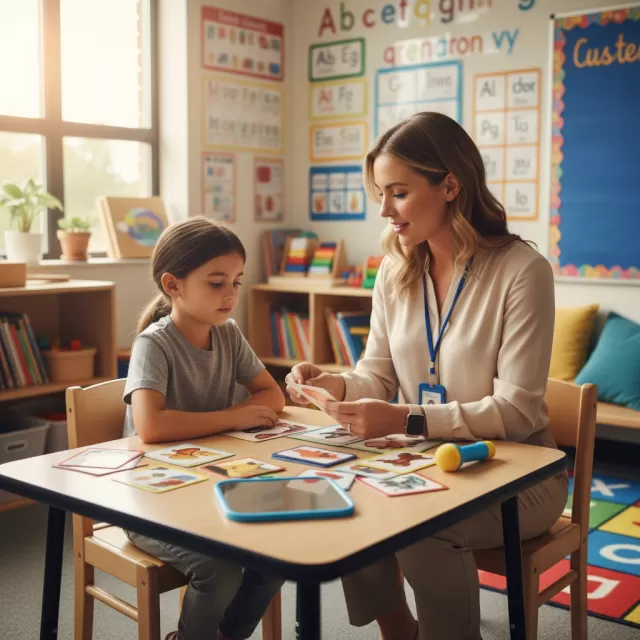 Travel SLP working with student in elementary school therapy room during contract assignment