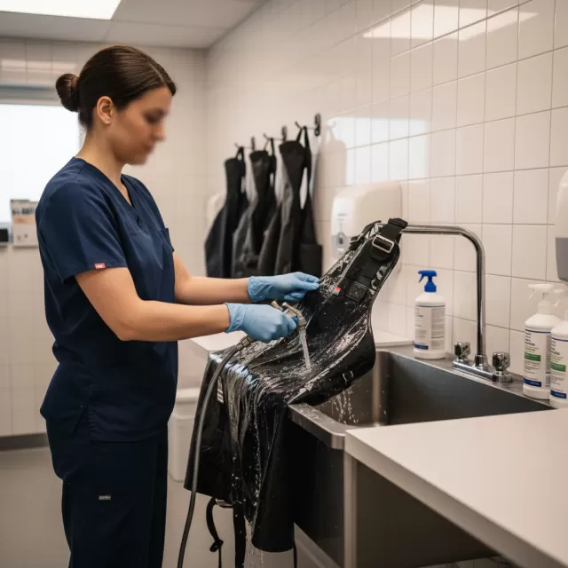 Radiology tech cleaning lead apron at hospital utility sink with disinfectant spray