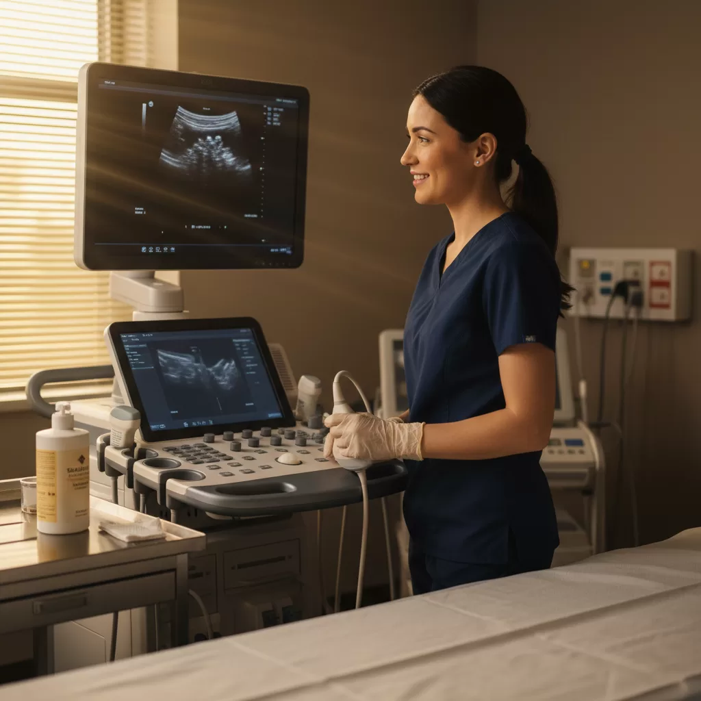 Sonographer with ultrasound machine showing relatable moment during afternoon shift in exam room