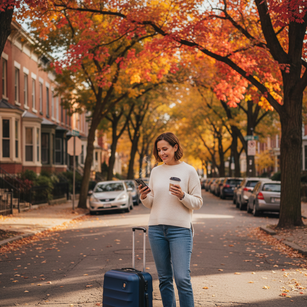 Travel nurse arriving in mid-size city neighborhood during fall season with colorful autumn foliage