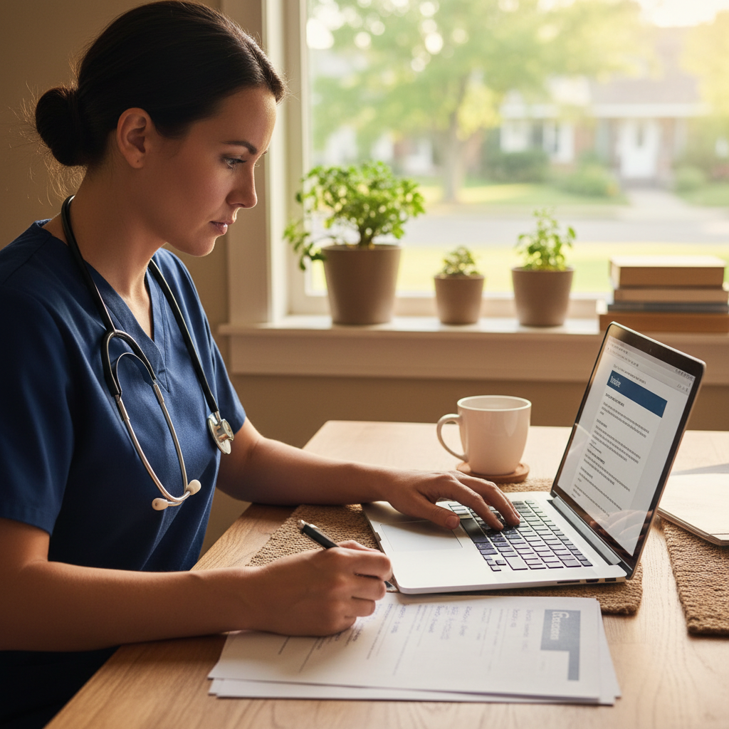Nurse updating resume on laptop at home with morning coffee and natural light