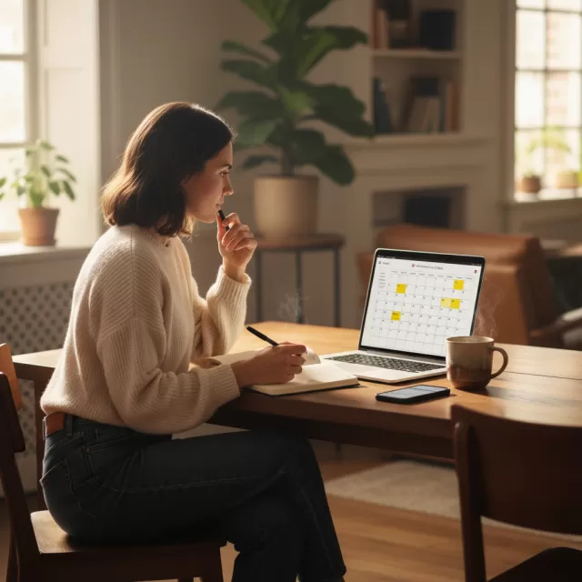 Healthcare worker planning vacation time at home with laptop and calendar