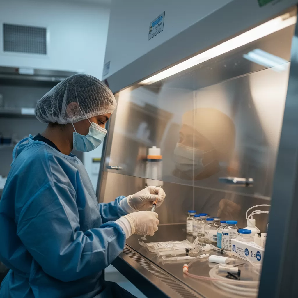Pharmacy technician in sterile PPE compounding IV medication in laminar flow hood