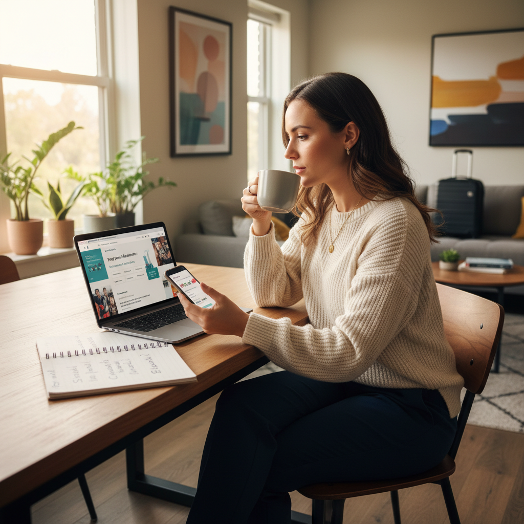 Travel nurse researching agencies at laptop with notes and phone in bright apartment kitchen