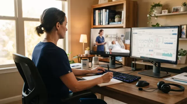 Nurse working at dual monitors in home office reviewing patient charts via telehealth
