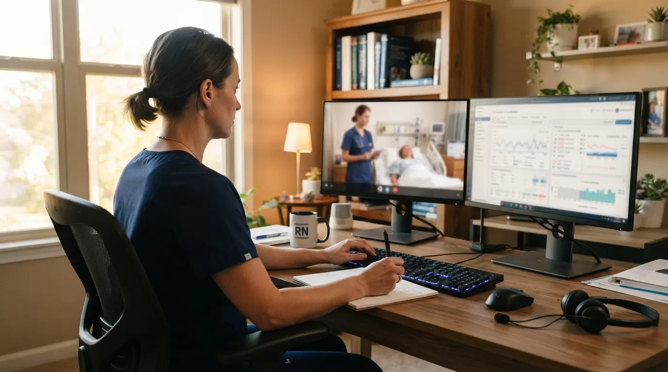Nurse working at dual monitors in home office reviewing patient charts via telehealth