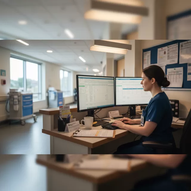 Charge nurse documenting patient care at hospital nurses station with dual monitors