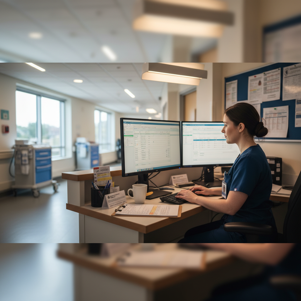 Charge nurse documenting patient care at hospital nurses station with dual monitors
