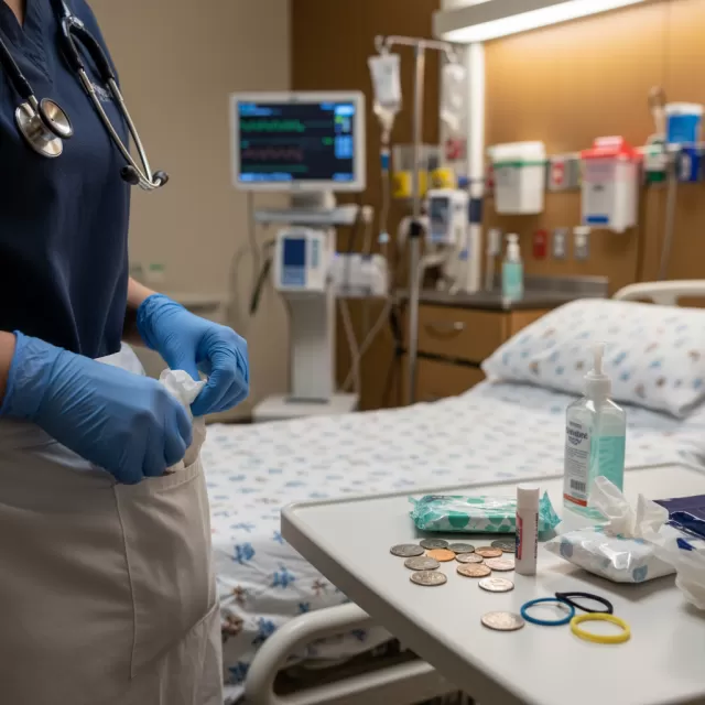 Nurse in scrubs examining items found in patient pockets during hospital assessment