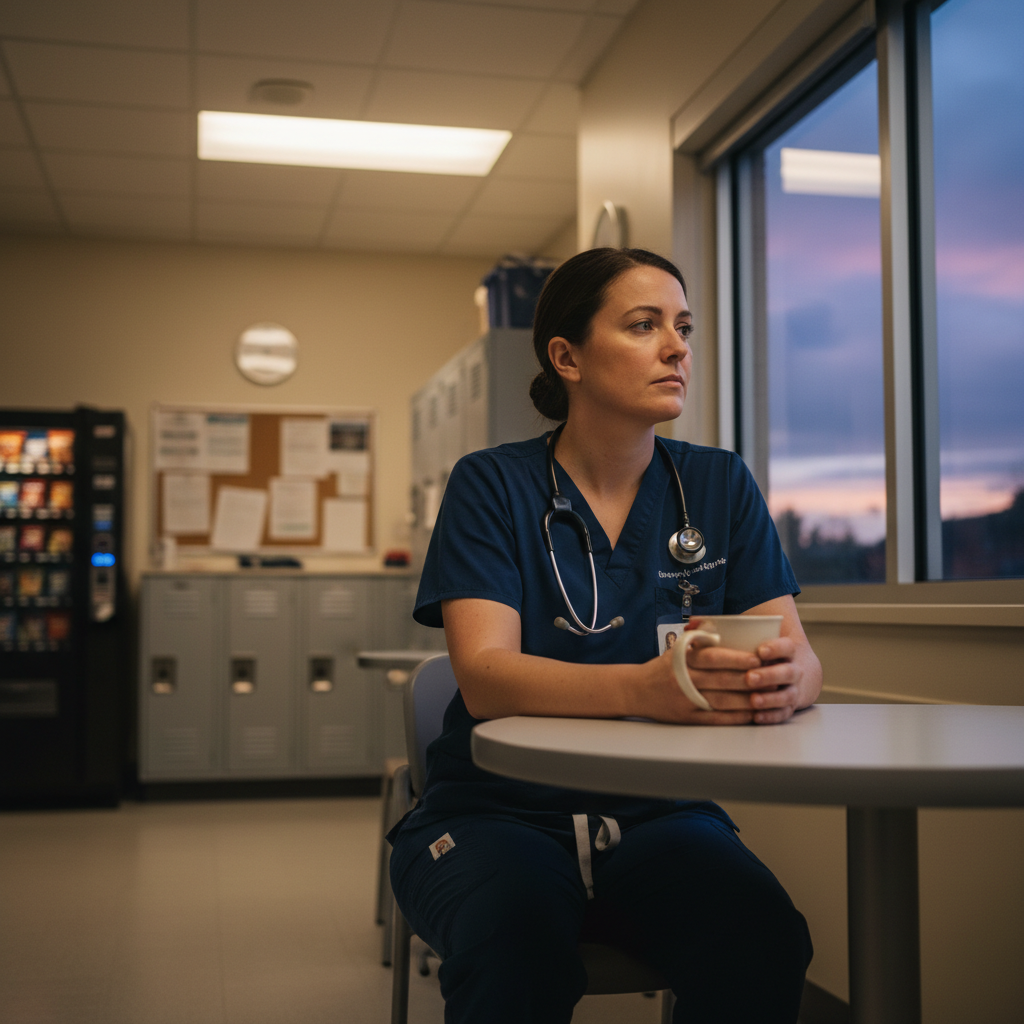 Nurse reflecting quietly in hospital break room at end of shift
