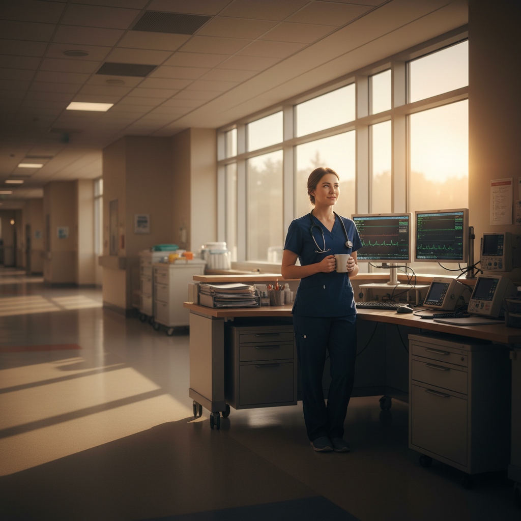 Cardiac nurse with coffee at station during peaceful Saturday morning sunrise on hospital floor