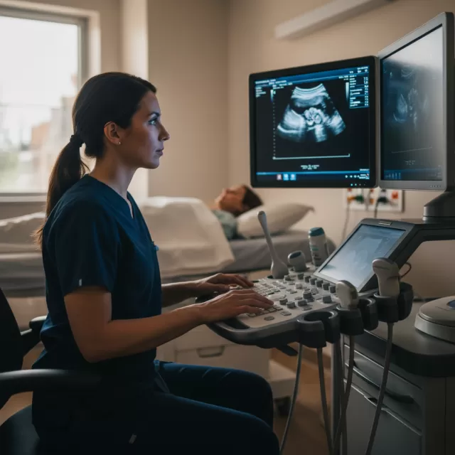 Ultrasound technologist at console reviewing sonogram images in dimmed exam room
