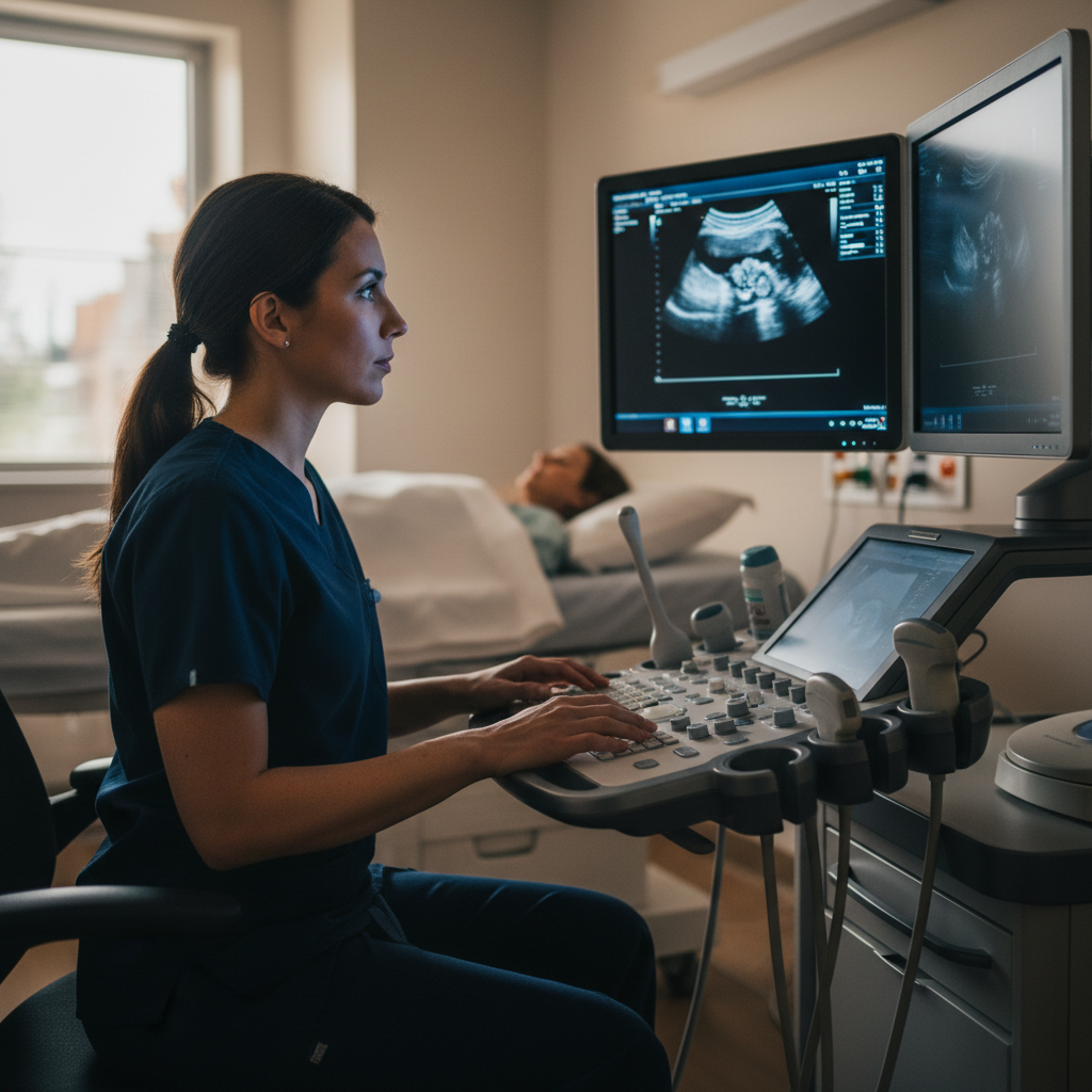 Ultrasound technologist at console reviewing sonogram images in dimmed exam room