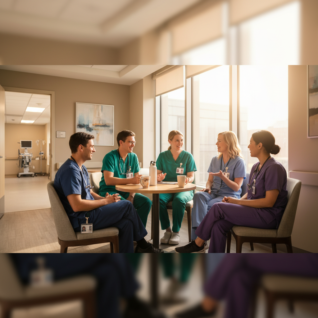Healthcare professionals sharing career advice in hospital break room