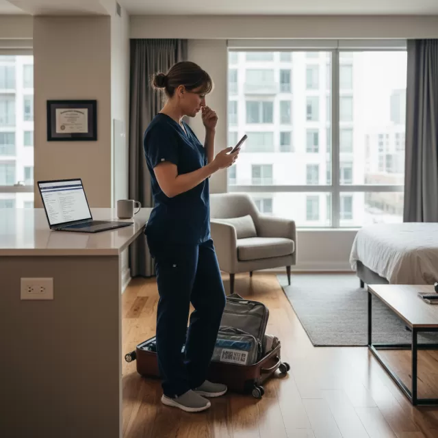 Travel nurse reviewing contract options in furnished apartment with laptop and luggage