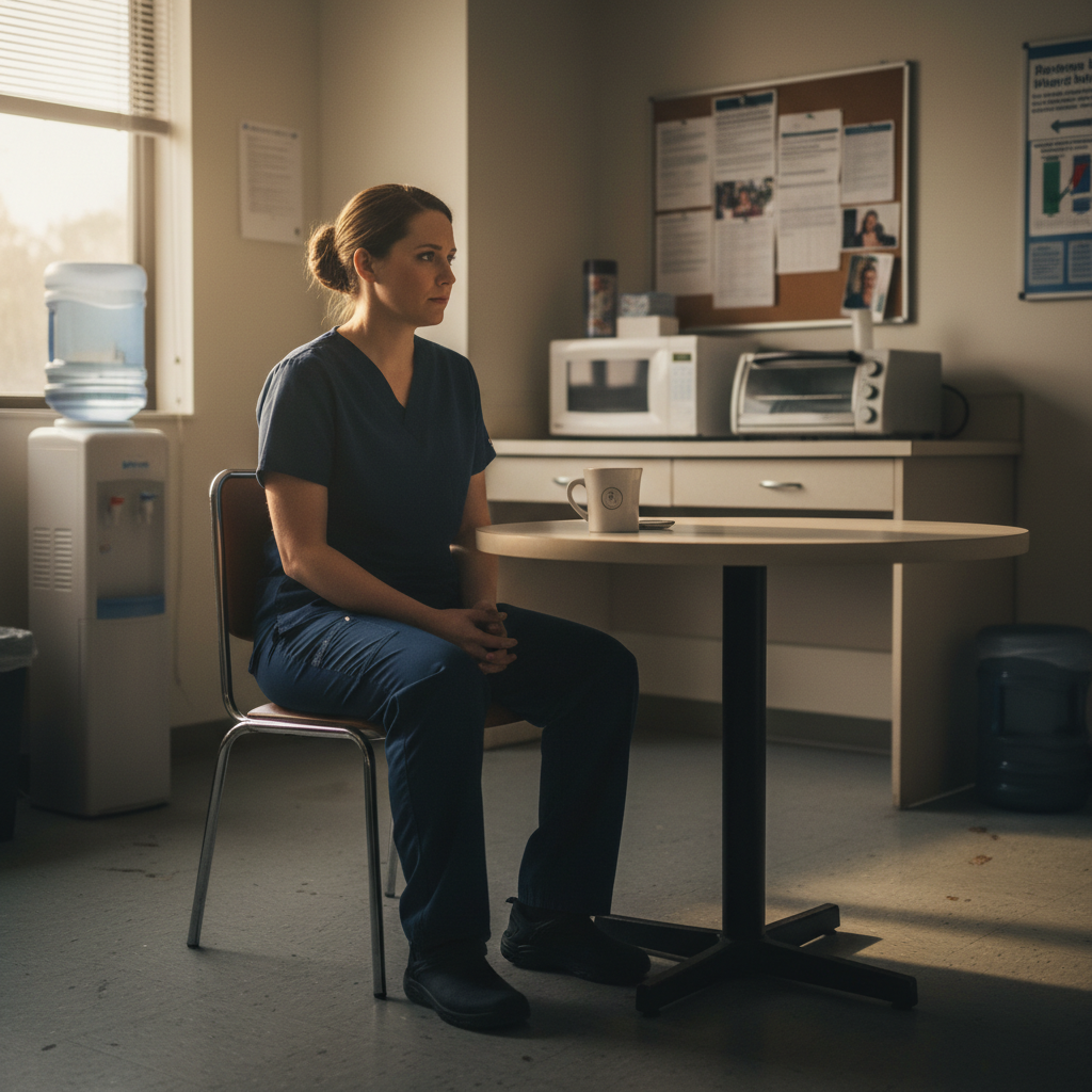 Nurse reflecting alone in hospital break room after difficult family interaction