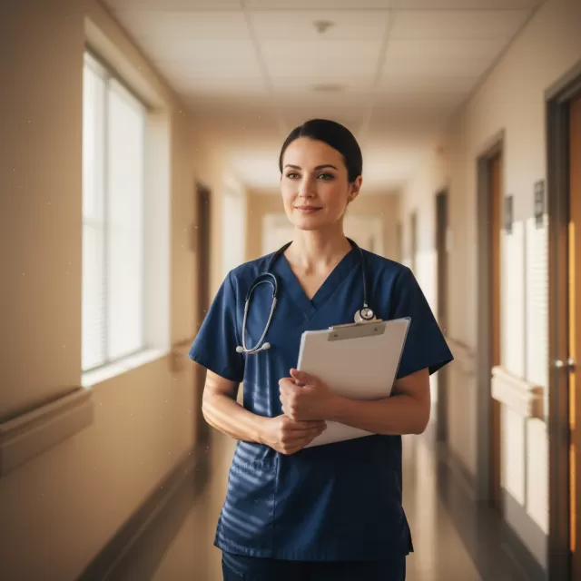 Nurse in hospital hallway pausing during shift with thoughtful expression