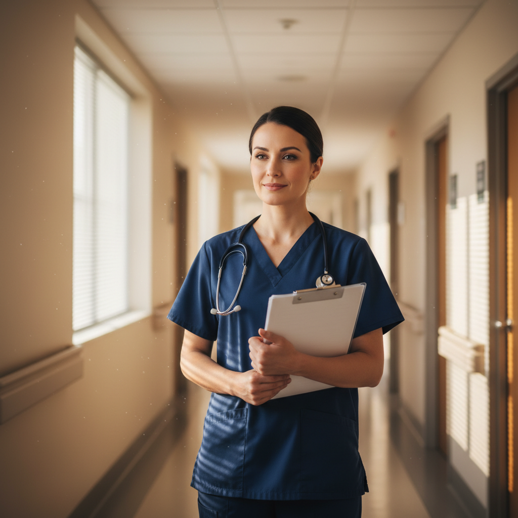 Nurse in hospital hallway pausing during shift with thoughtful expression