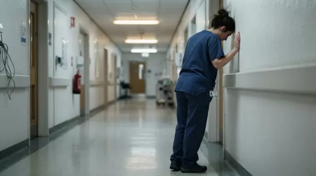 ICU nurse standing alone in hospital hallway reflecting after difficult code blue response