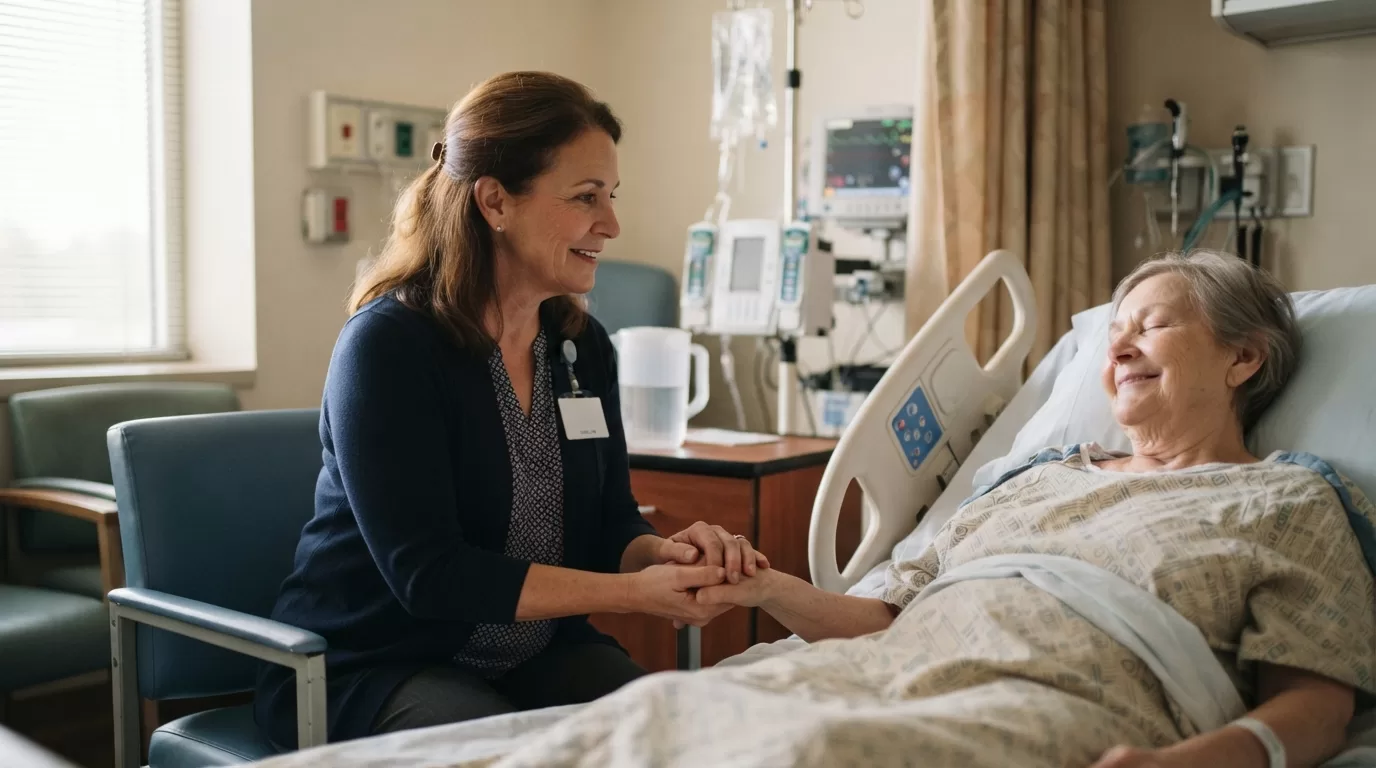 Hospital chaplain holding patient's hand during bedside visit in medical facility room