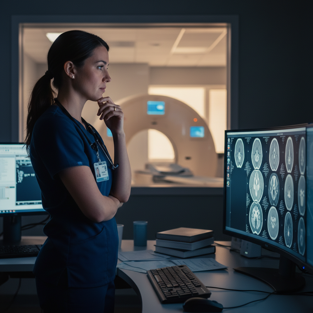 Radiology technologist reviewing CT scan images at workstation in quiet moment of reflection