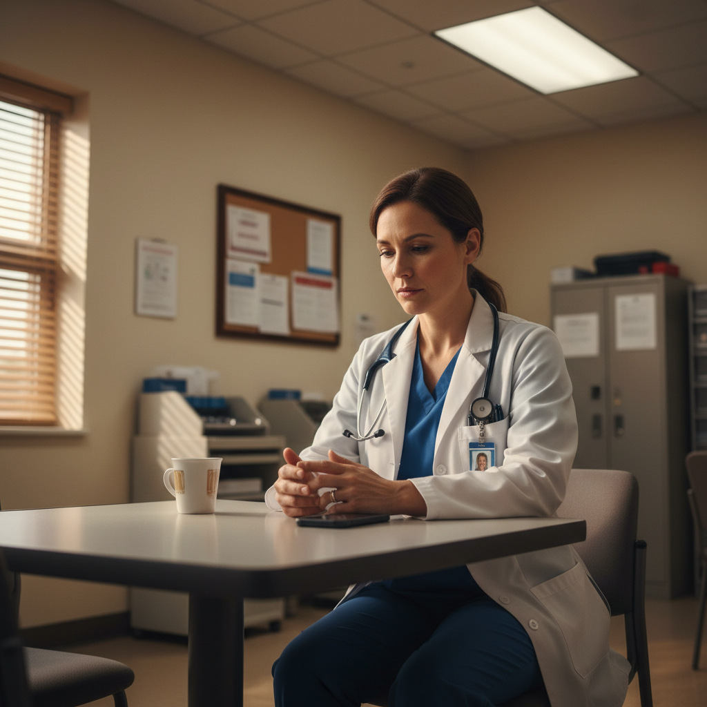 Mammography technologist in hospital break room during quiet moment of reflection