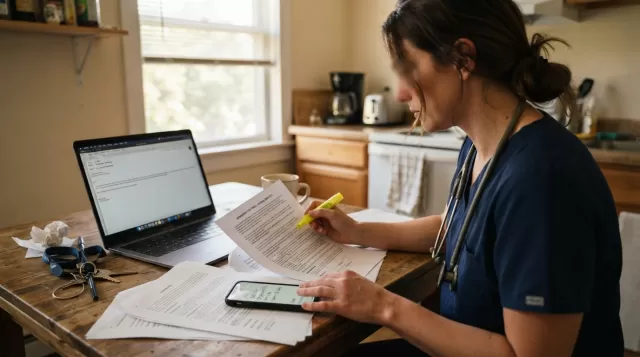 Travel nurse reviewing contract terms at home with laptop and printed documents