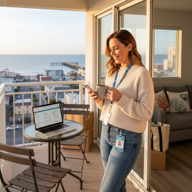 Travel nurse reviewing job contracts on apartment balcony overlooking coastal city at sunset