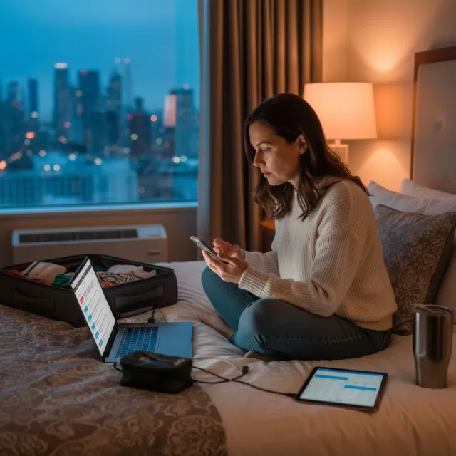 Travel nurse reviewing 8-week contract options on laptop in hotel room