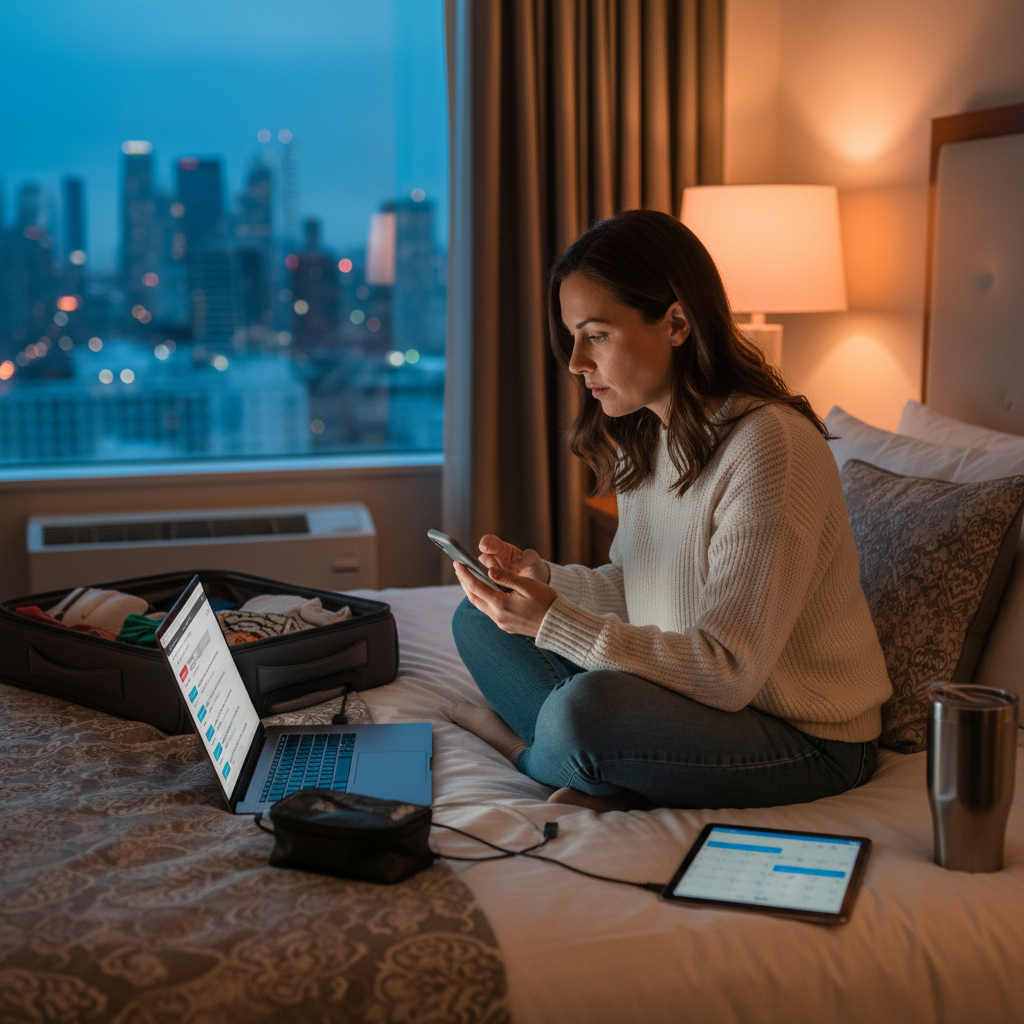 Travel nurse reviewing 8-week contract options on laptop in hotel room