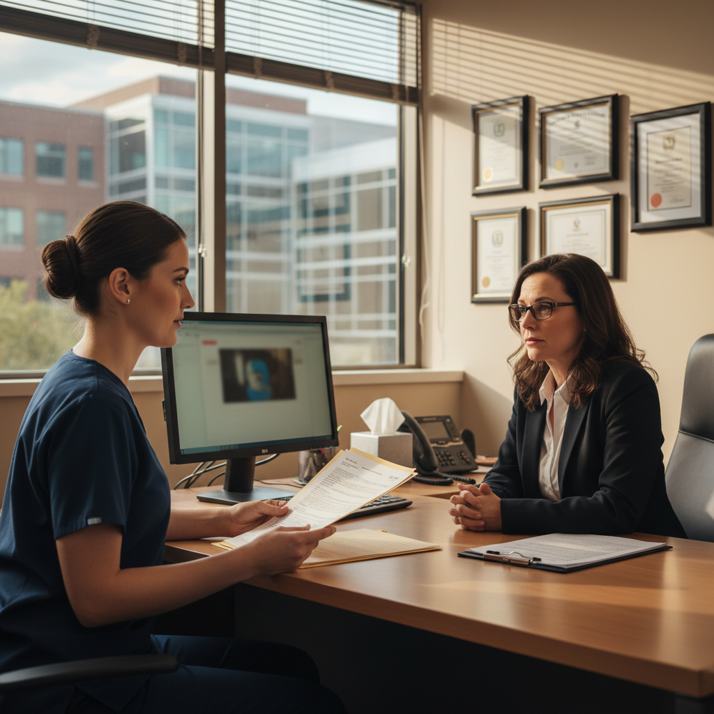 Registered nurse during hospital exit interview meeting with HR professional in office setting
