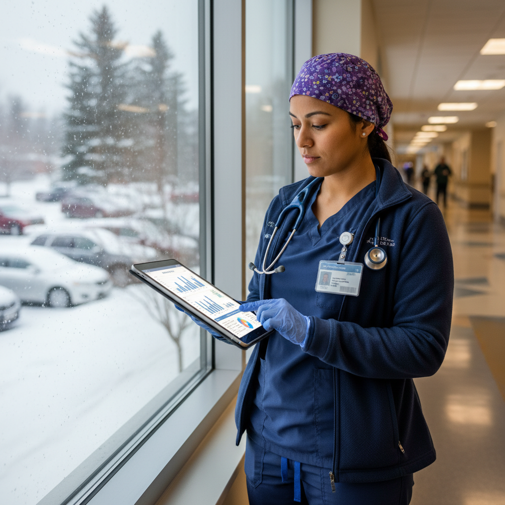 Travel nurse reviewing winter contract rates on tablet in hospital corridor with snow visible outside