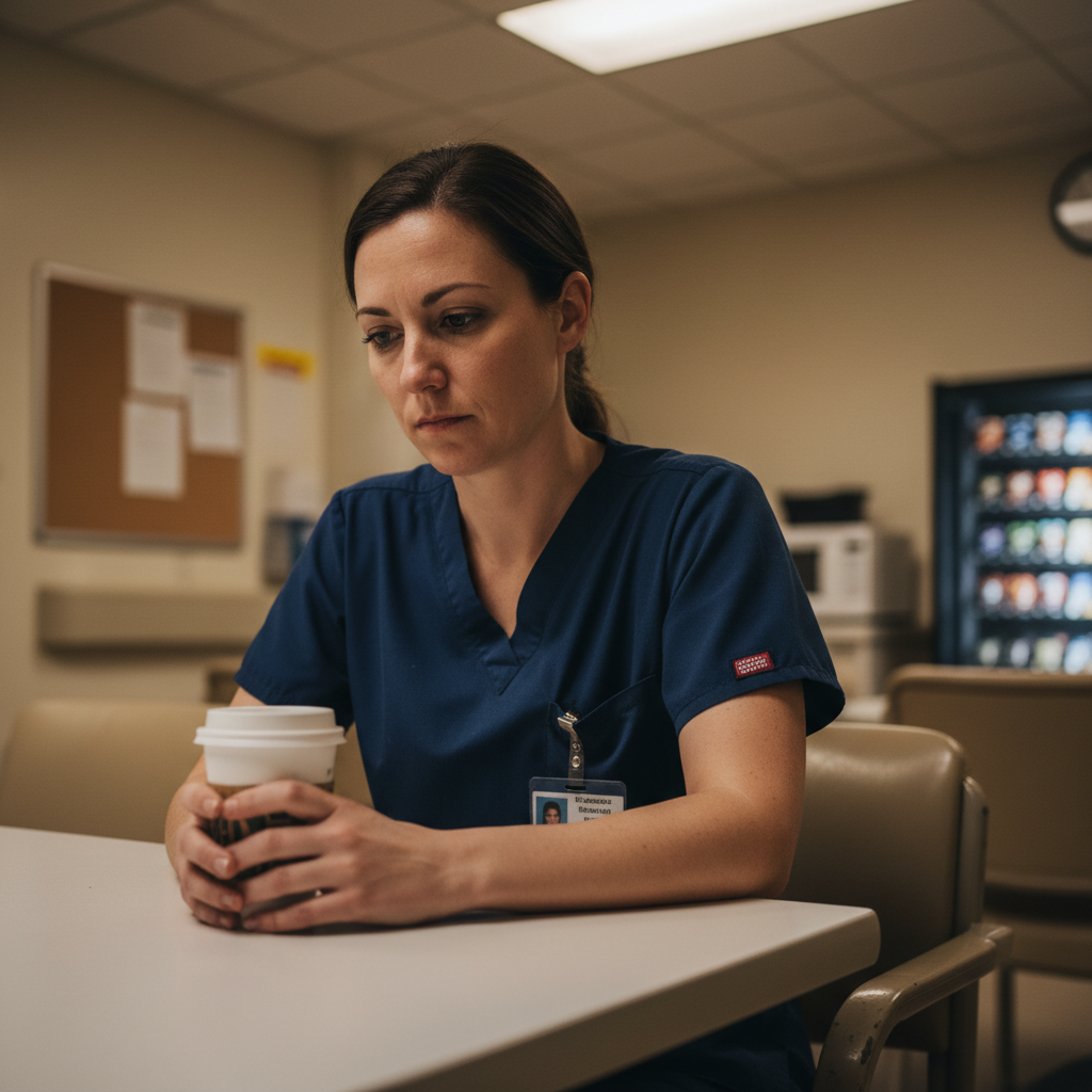 Nurse in scrubs sitting alone in hospital break room reflecting after difficult shift