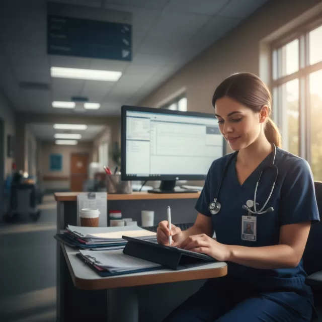 Nurse writing incident report at hospital station desk with tablet and medical charts