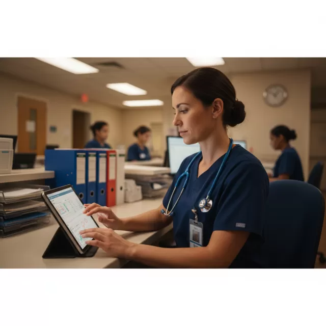 Nurse writing incident documentation at hospital computer workstation