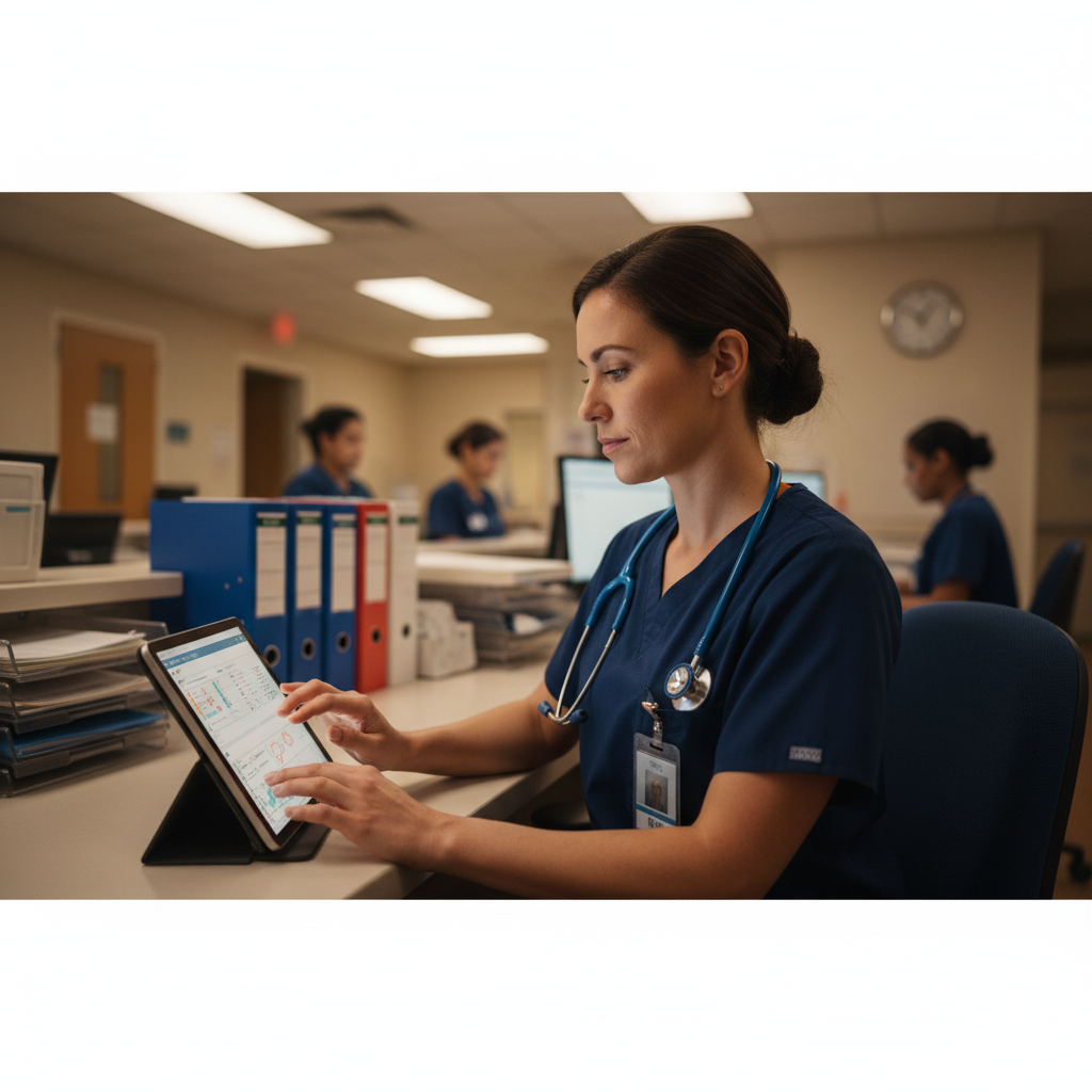 Nurse writing incident documentation at hospital computer workstation